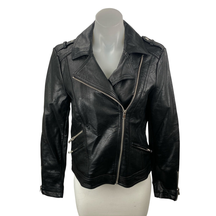 INC International Concepts Womens Black Faux Leather Moto Biker Coat Jacket Sz S