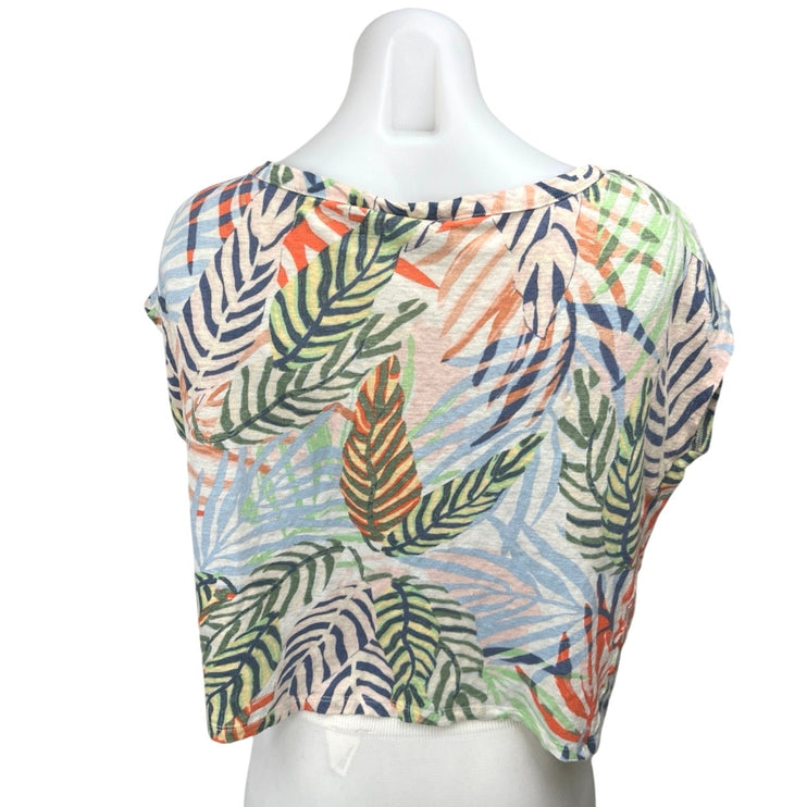 Tahari Multicolor 100% Linen Tropical Leaf Loose Fit Crop Blouse Top Size L