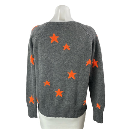 360 Cashmere Women's Gray Orange Star Knit Long Sleeve Round Sweater Top Size S