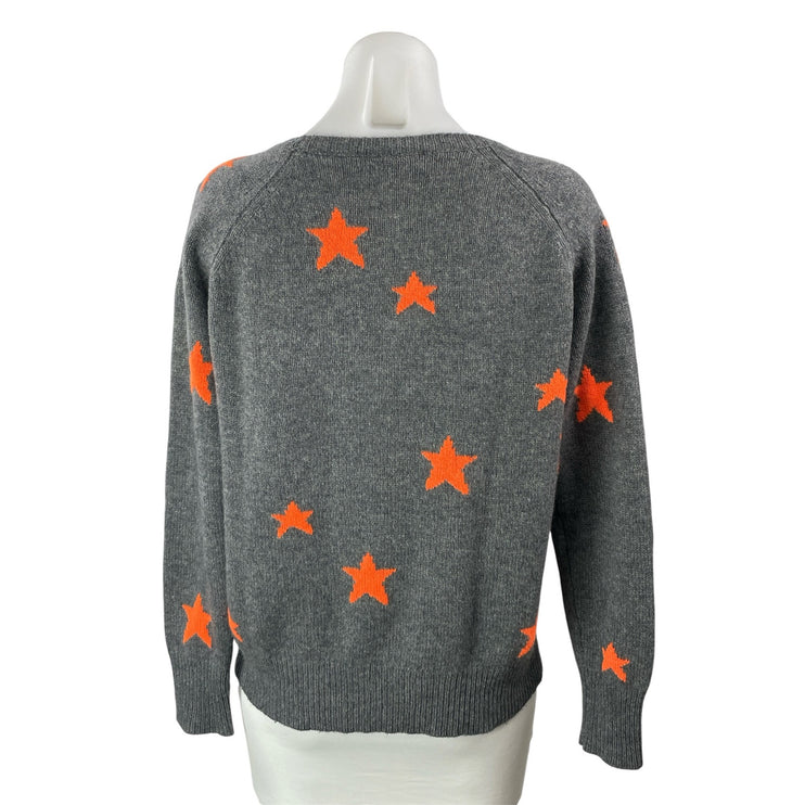 360 Cashmere Women's Gray Orange Star Knit Long Sleeve Round Sweater Top Size S