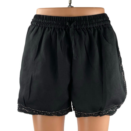 Bon Homie Women's Black Beaded Rhinestone Boho High Rise Mini Shorts Size S
