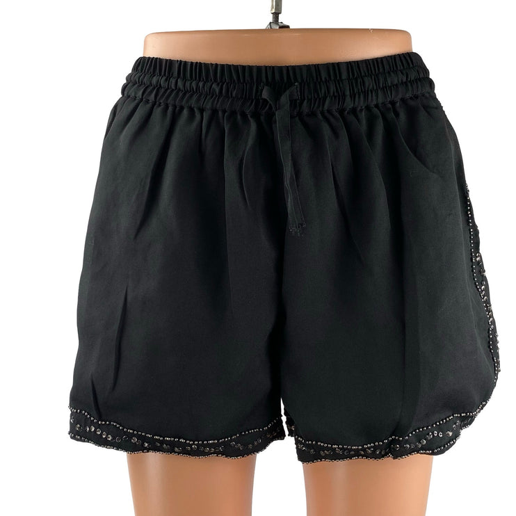 Bon Homie Women's Black Beaded Rhinestone Boho High Rise Mini Shorts Size S