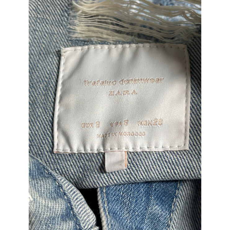 Zara Trafaluc Women's Blue Distressed Graffiti Long Sleeve Denim Jean Jacket S