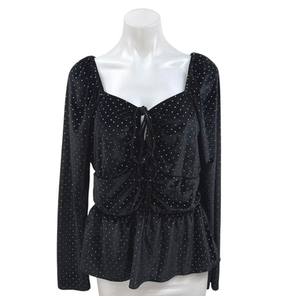 Aqua Black Velvet Velour Polka Dot Long Sleeve Tie Front Peplum Blouse Top Sz XL
