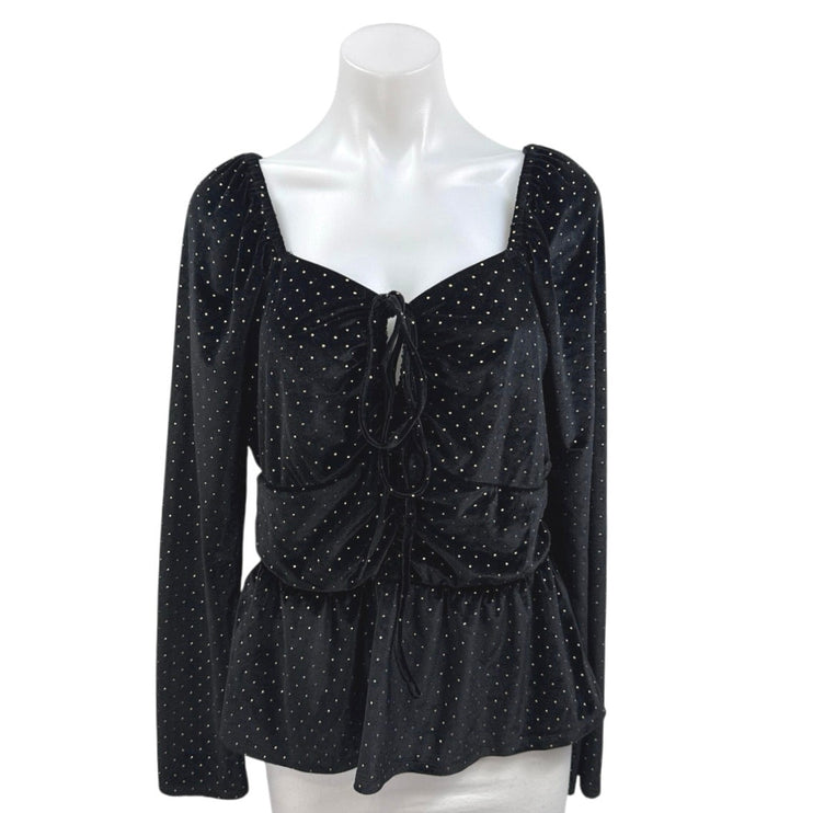 Aqua Black Velvet Velour Polka Dot Long Sleeve Tie Front Peplum Blouse Top Sz XL