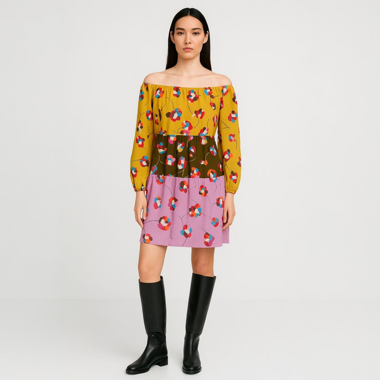 BCBGMAXAZRIA Multicolor Floral Colorblock Off the Shoulder Mini Dress Size M