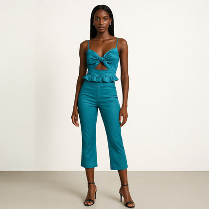 Honey Punch Blue Silky Satin Sleeveless Crop Top & Capri Pants 2 Piece Set XS