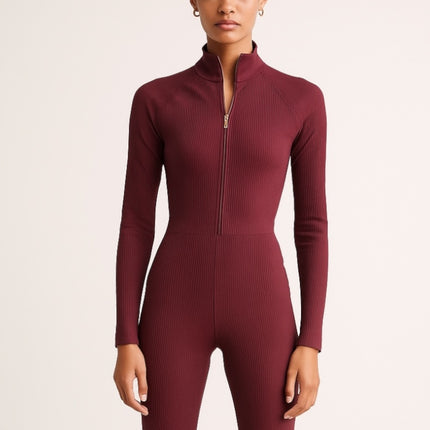 Athleta Alicia Keys Goddess Purple Rib Long Sleeve Zip Up Bodysuit Jumpsuit XXS