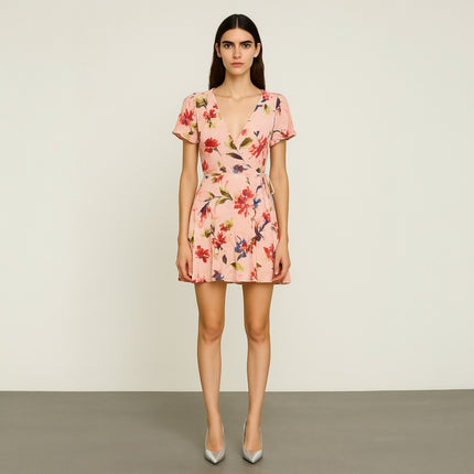 Lulus Cherished Love Pink Floral Short Sleeve Mini Fit & Flare Wrap Dress Size M