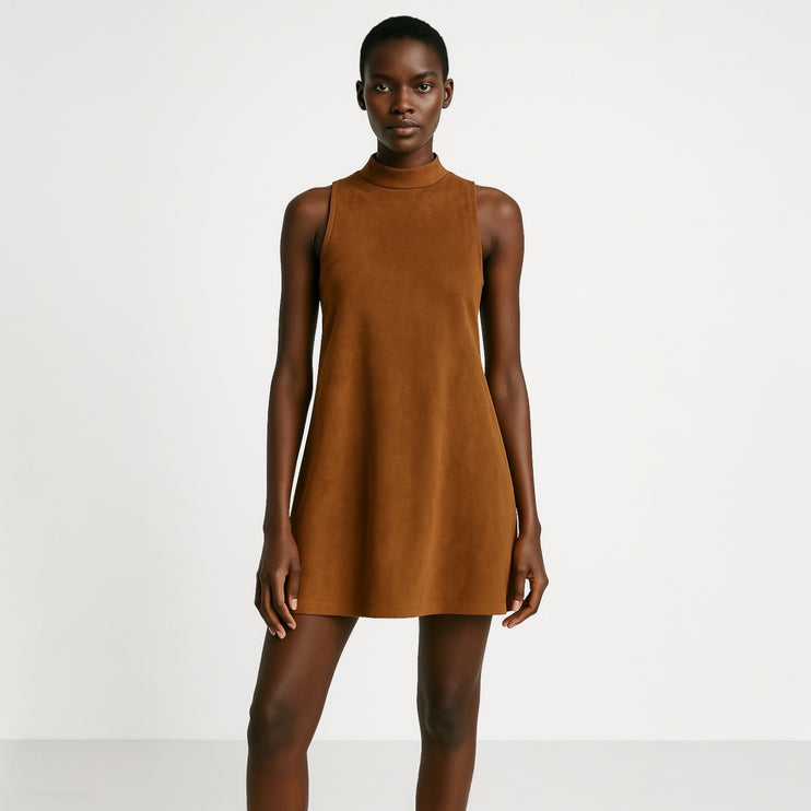 She + sky Brown Faux Suede Sleeveless Cut-out Mock Neck Back Zip Mini Dress Sz M