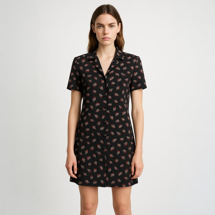 Frame Black Silk Floral Short Sleeve Button Up Collar Mini Shirt Dress Size S