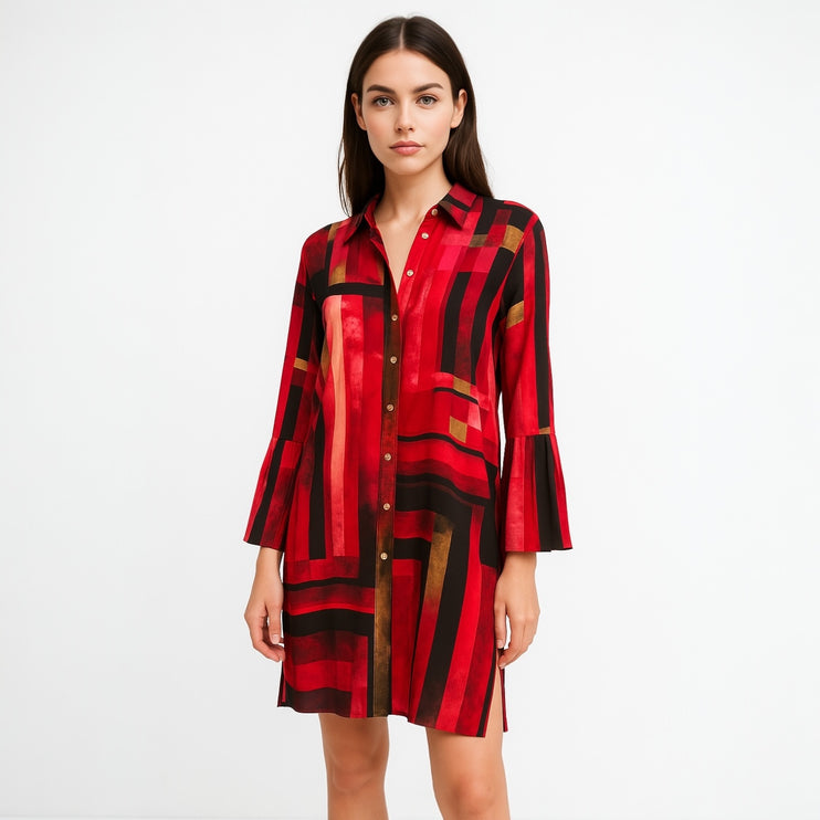 Rafaella Red Abstract Print Button Down Collar Bell Sleeve Midi Shirt Dress Sz 6