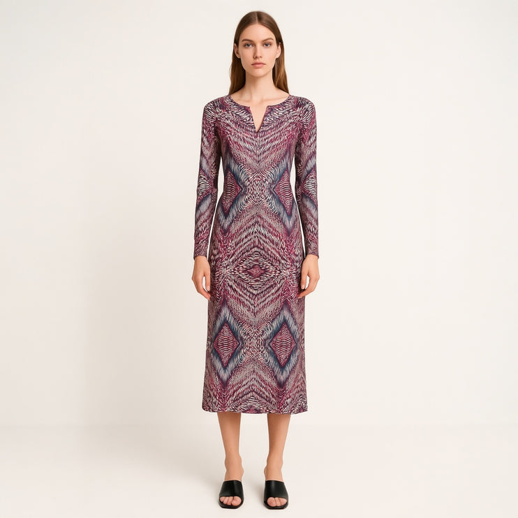 Anne Klein Multicolor Long Sleeve V Split Neck Geometric Shift Midi Dress Size 4