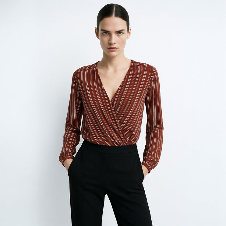 ASTR Brown Multicolor Striped Deep V Career Long Sleeve Cropped Blouse Top Sz S
