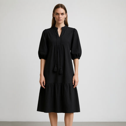 Blank Black Balloon Sleeve Tassel Tie Neck Split V-Neck Tiered Midi Dress Sz XS