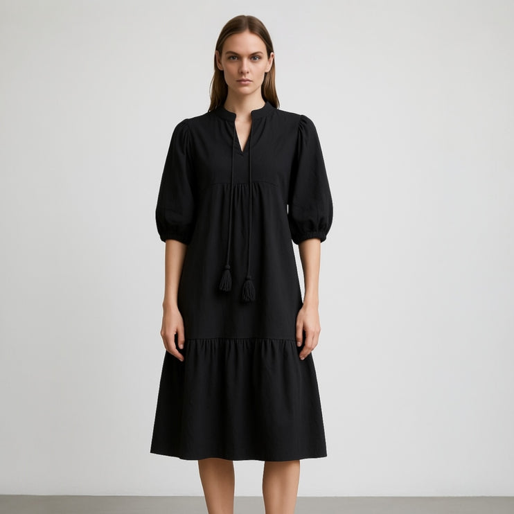 Blank Black Balloon Sleeve Tassel Tie Neck Split V-Neck Tiered Midi Dress Sz XS
