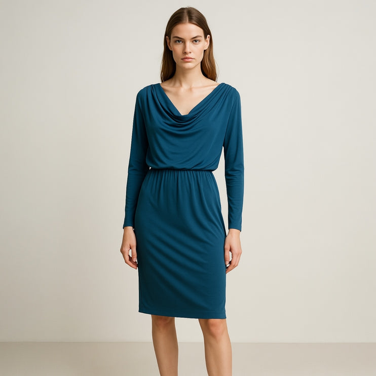 Vintage Maggy London Blue Long Sleeve Drapey Cowl Neck Blouson Dress Size 4P