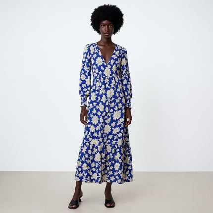 Zara Blue White Floral Plunge V-Neck 3/4 Balloon Sleeve Midi Maxi A-line Dress M