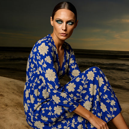 Zara Blue White Floral Plunge V-Neck 3/4 Balloon Sleeve Midi Maxi A-line Dress M