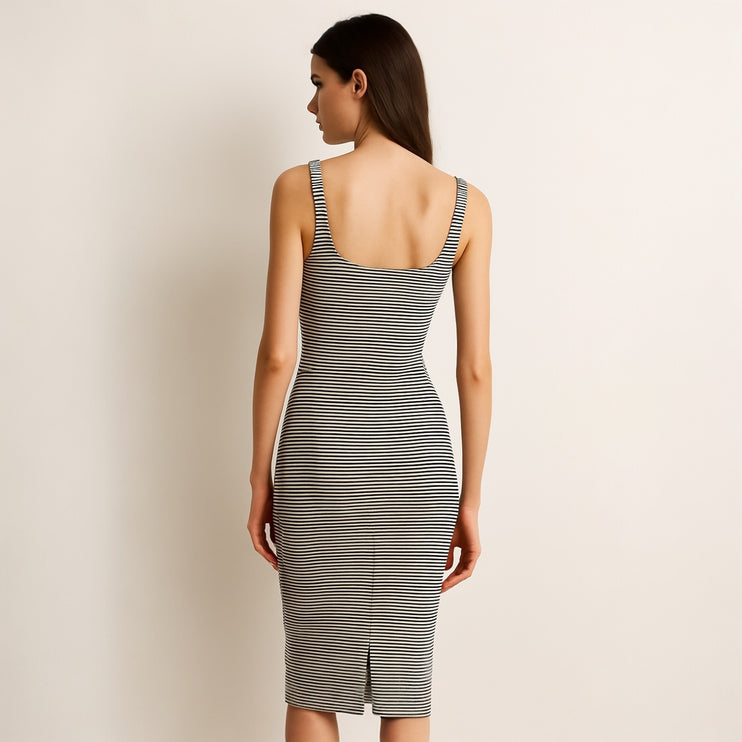 Zara Black White Striped Sleeveless Cami Camisole Midi Bodycon Tank Dress Size S