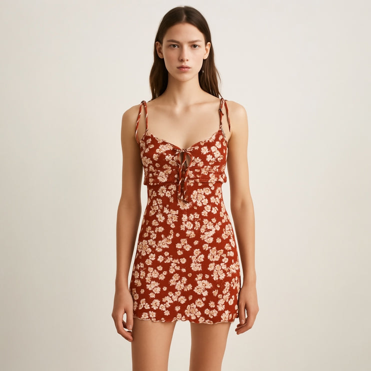 Sweet Pot Red White Floral Sleeveless Tie Strap Cami Camisole Mini Tank Dress 10