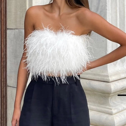 Womens White Faux Fur Fuzzy Fluffy Fringe Feather Strapless Tube Crop Top Size S