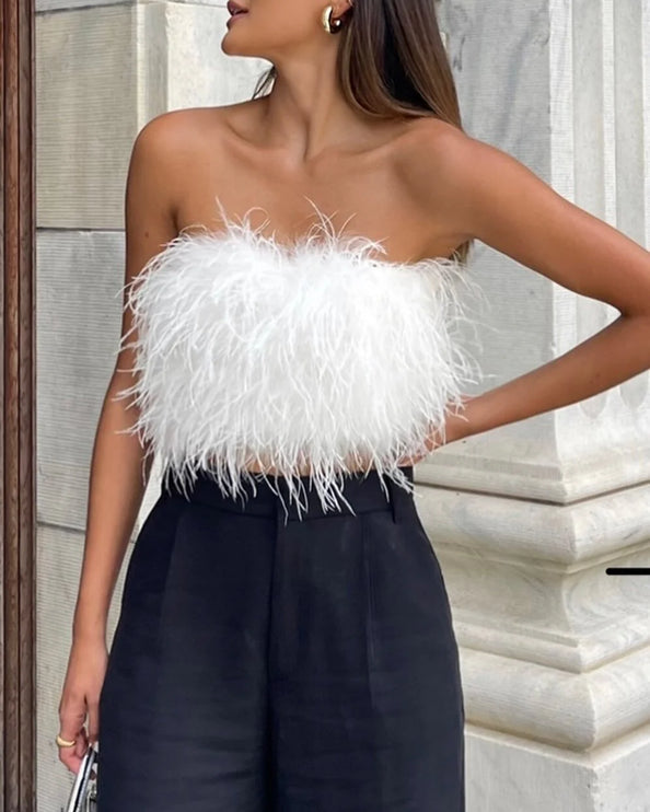 Womens White Faux Fur Fuzzy Fluffy Fringe Feather Strapless Tube Crop Top Size S