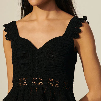 Sandro Black Crochet Knitted Sleeveless Sweetheart Peplum Crop Blouse Top Size 1