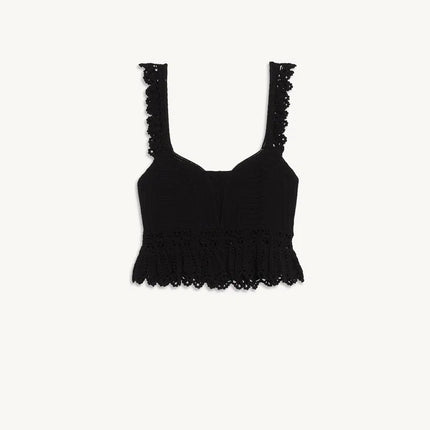 Sandro Black Crochet Knitted Sleeveless Sweetheart Peplum Crop Blouse Top Size 1