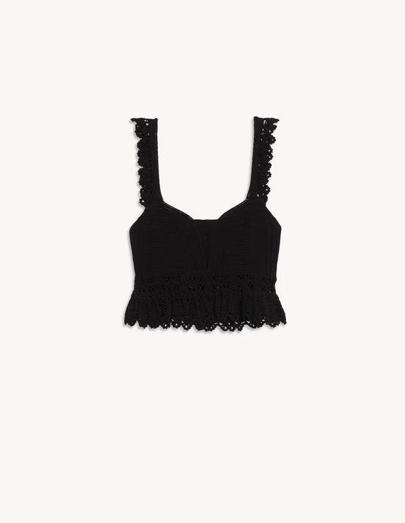 Sandro Black Crochet Knitted Sleeveless Sweetheart Peplum Crop Blouse Top Size 1