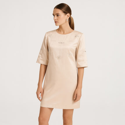 Keepsake Pink Silk Satin Embellished Beaded Short Sleeve Mini Shift Dress Size M