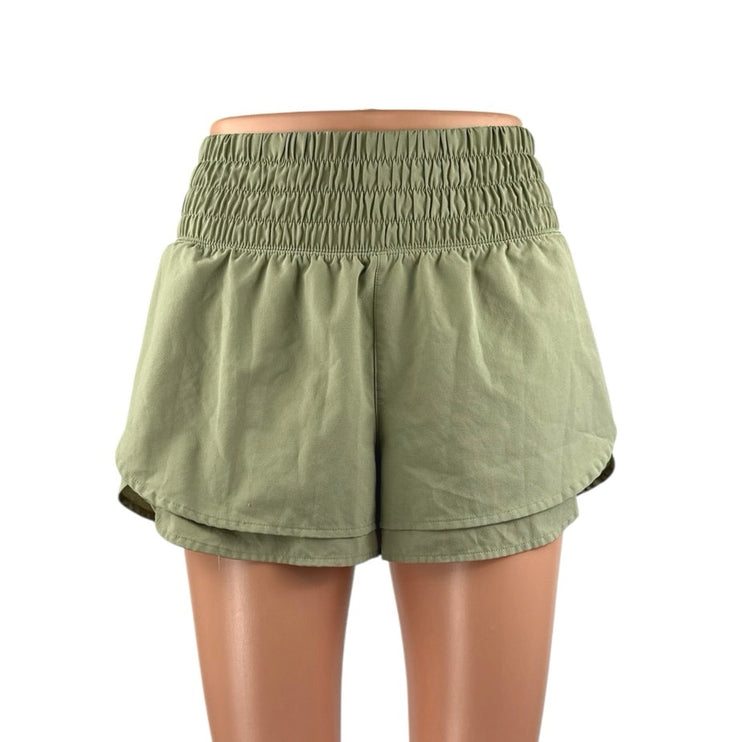 Calia Women's Green Tan Elastic Smocked High Waisted Mini Shorts Set of 2 Size S