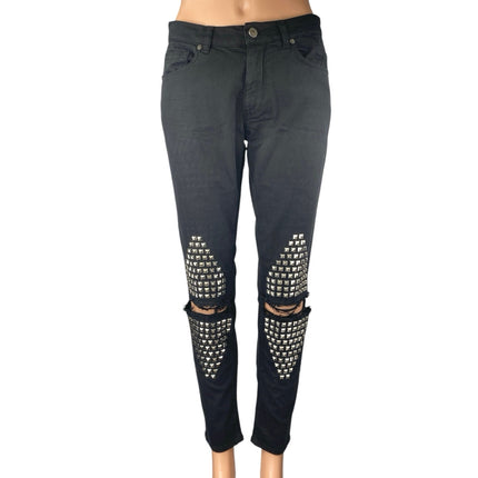 Gaelle Black Studded Distressed Ripped Knee Mid Rise Skinny Denim Jeans Pants 27