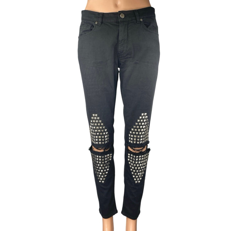 Gaelle Black Studded Distressed Ripped Knee Mid Rise Skinny Denim Jeans Pants 27