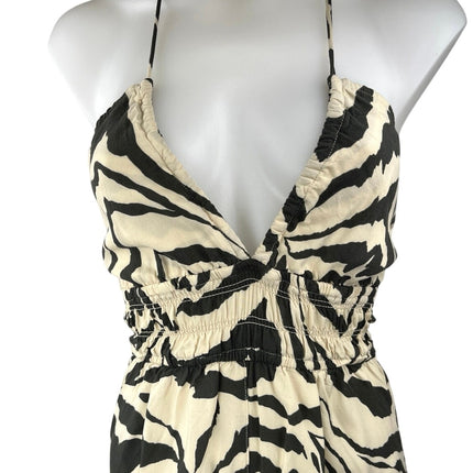 H&M Cream Black Zebra Animal Print Sleeveless Halter Ruched Romper Shorts Size S