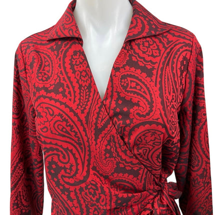 Foxcroft Salina Red Black Paisley Jacquard Long Sleeve Wrap Tie Blouse Top Sz S