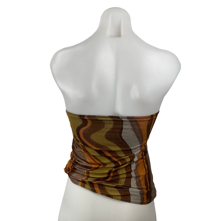 Motel Brown Multicolor Earthy Strapless Tube Bandeau Ruched Blouse Top Size XS