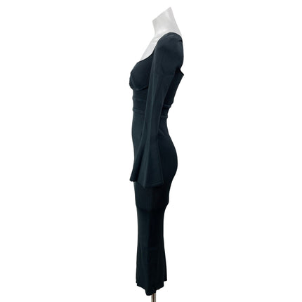 NEW Self-Portrait Scallop Edge Dark Gray Long Bell Sleeves Rib Knit Midi Dress S