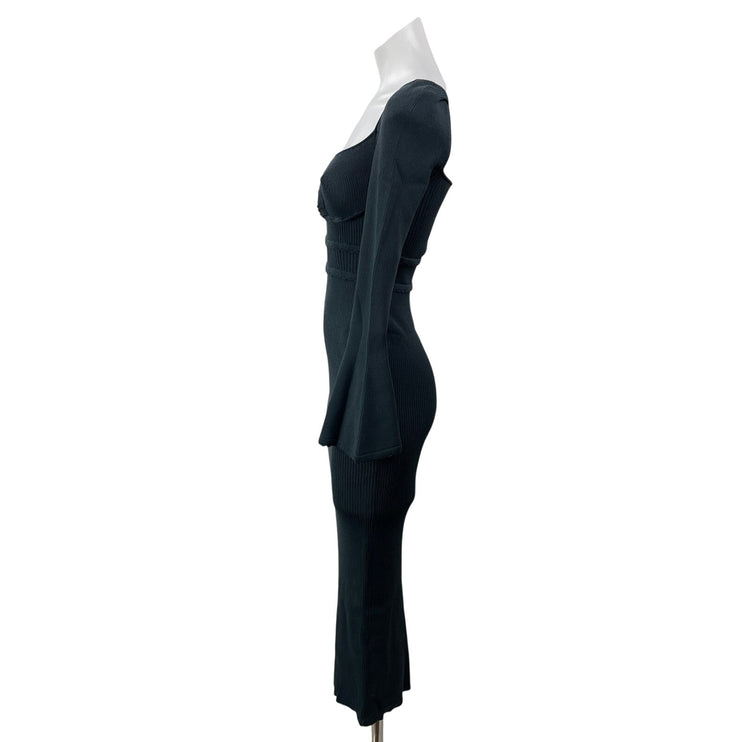 NEW Self-Portrait Scallop Edge Dark Gray Long Bell Sleeves Rib Knit Midi Dress S