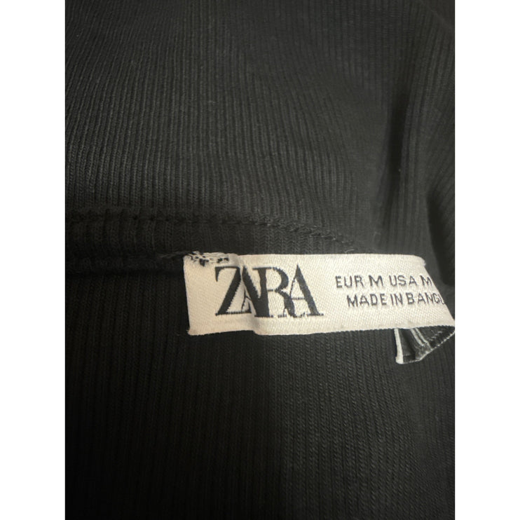 Zara Black Ribbed Ruched Ruffle Short Sleeve Crop Tee Basic T-Shirt Blouse Top M