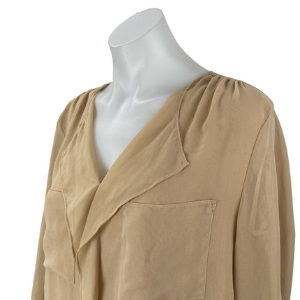 Calvin Klein Women's Beige Sheer Ruffled V Neck Long Sleeve Office Blouse Top M