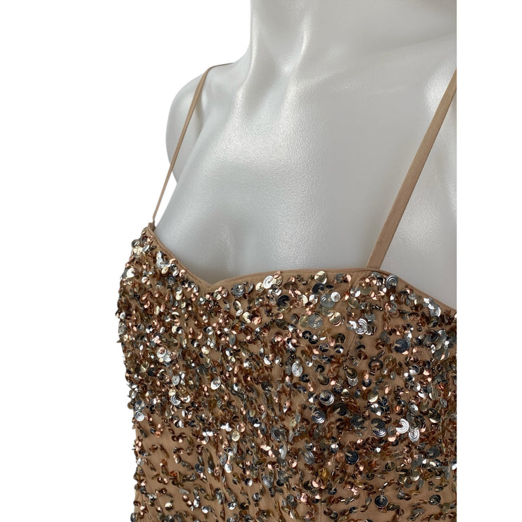 Majorelle Women's Tan Sequin Sparkly Sweetheart Cami Tank Mini A Line Dress M
