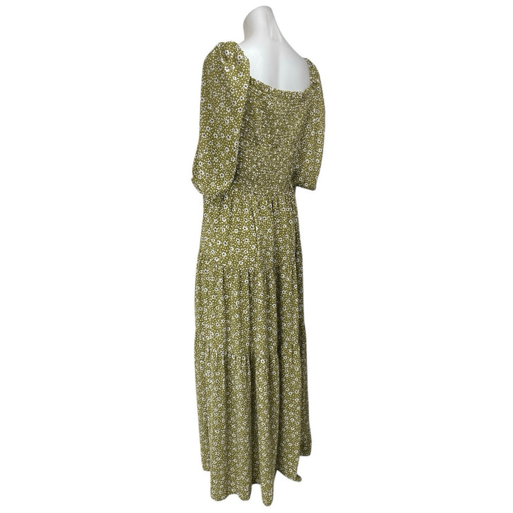 Ann Taylor Green Floral Short Sleeve Smocked Ruffle Tiered Maxi A-Line Dress 8