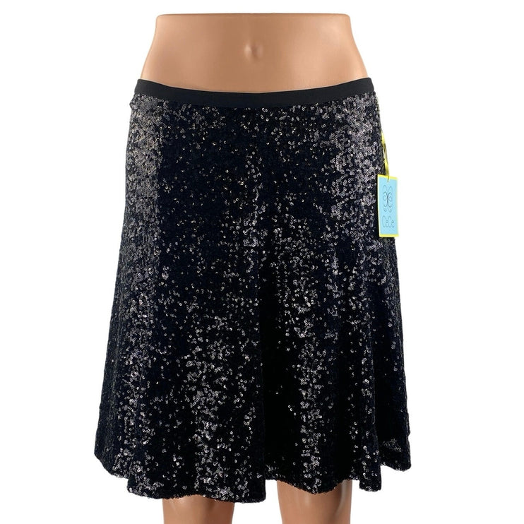 NEW Cece Champagne Soiree Rich Black Sequin Elastic Waist A Line Mini Skirt Sz 6