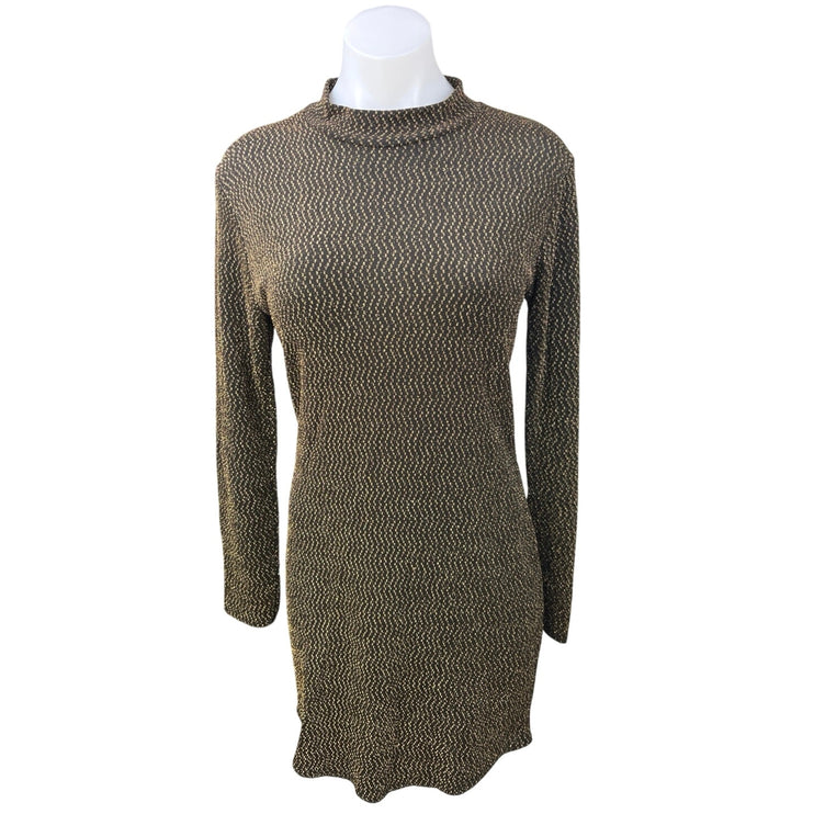 Boohoo Black Gold Metallic Knit Mock Neck Long Sleeve Bodycon Sweater Dress 10