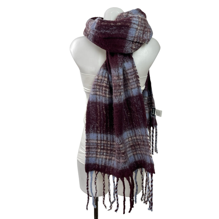Madewell Women's Dark Pomegranate Plaid Alpaca Fringe Shawl Wrap Neck Scarf OS