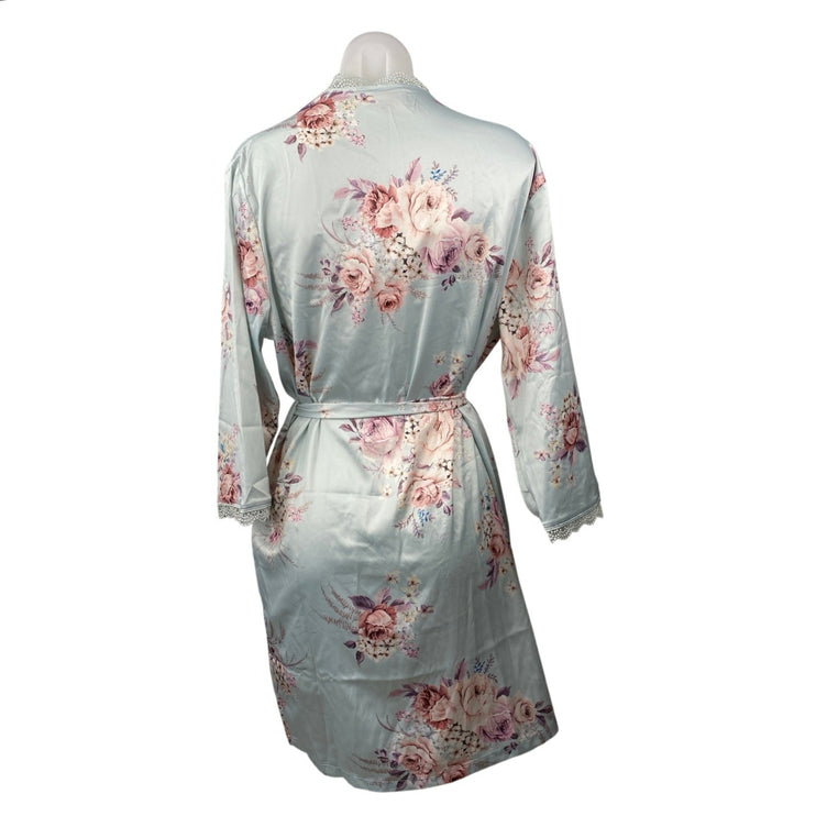 NEW Le Rose Women's Blue Floral Silk Satin Lace Bridal Long Sleeve Robe Size S/M