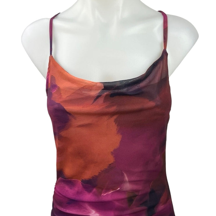 Shein Pink Orange Tie Dye Cowl Neck Asymmetric Camisole Mesh Midi Dress Sz 4