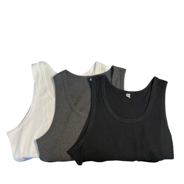Uniqlo Men's Gray Black White Ribbed Knit Scoop Neck Tank Top Pack of 3 Size M