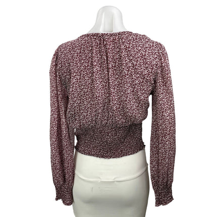 Abercrombie & Fitch Maroon Red Floral Long Sleeve V Neck Smocked Blouse Top S